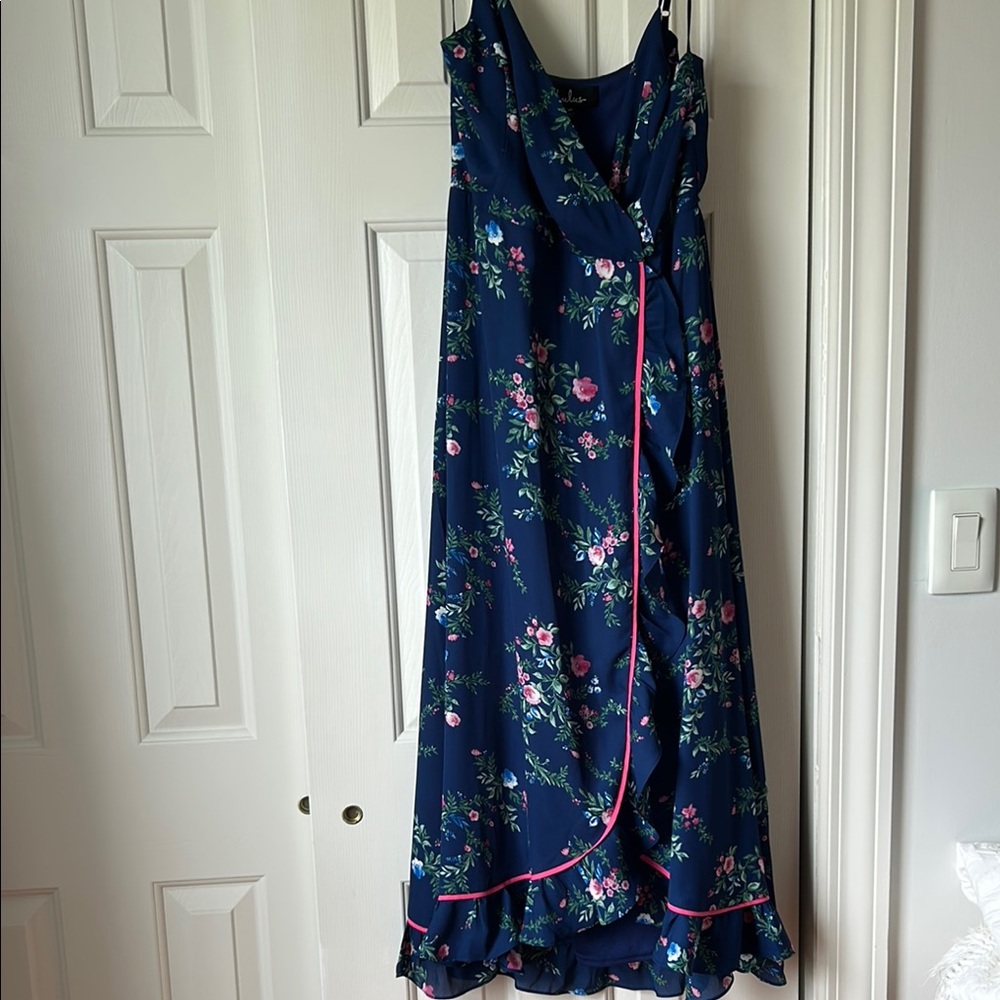 Lulu's Blue and Pink V-Neck Sundress Midi